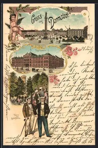 Lithographie Darmstadt, Luisenplatz, Polytechnikum, Thurm auf der Ludwigshöhe