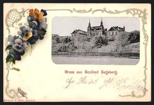 Passepartout-Lithographie Bad Segeberg, Kurhaus vom See gesehen, Stiefmütterchen