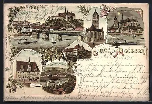 Lithographie Meissen, Ortsansicht, Albrechtsburg, Rathaus, Schloss Siebeneichen