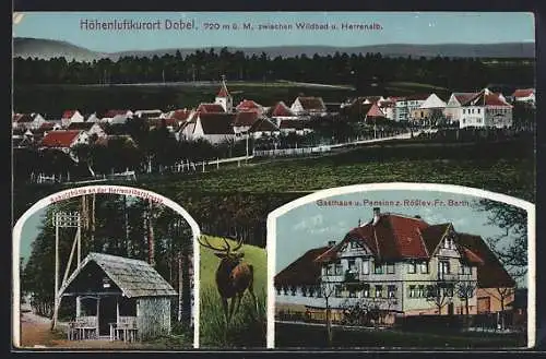 AK Dobel /Schwarzwald, Gasthaus und Pension zum Rössle, Schutzhütte an der Herrenalberstrasse, Ortsansicht