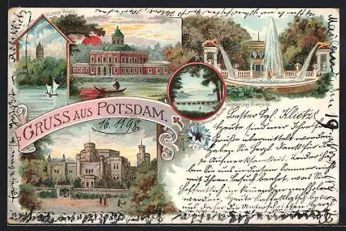 Lithographie Potsdam, Marmor Palais, Jagdschloss Glienicke, Flatow-Turm