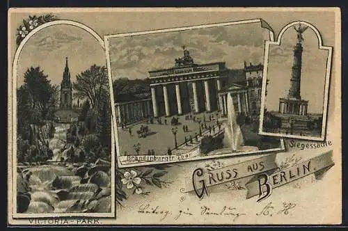 Mondschein-Lithographie Berlin, Victoria-Park mit Wasserfall, Brandenburger Tor, Siegessäule