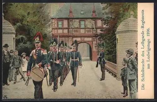 Künstler-AK Richard Knoetel: Schlosswache des Leibgarde-Regiments am Ludwigstag 1896