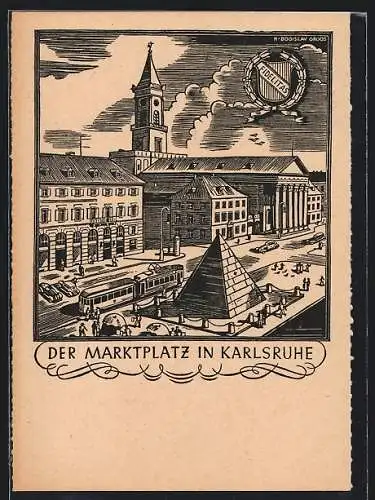 Künstler-AK Karlsruhe, Deutscher Stenographentag 1948, Marktplatz