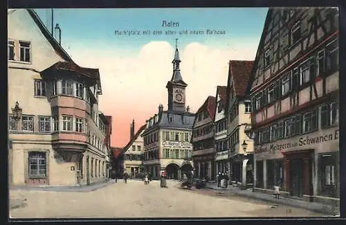 AK Aalen, Gasthaus u. Metzgerei zum Schwanen, Strasse am Marktplatz mit altem und neuem Rathaus