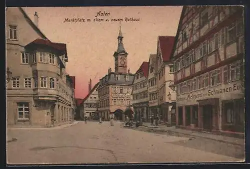 AK Aalen i. Wttbg., Strasse am Marktplatz mit Gasthaus zum Schwanen und Rathäusern