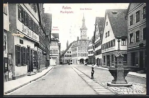 AK Aalen, Strasse am Marktplatz, neues und altes Rathaus, Flaschner Karl Holtz