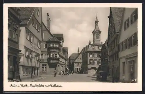 AK Aalen, Strasse am Marktplatz mit Rathaus, Cafe Ammann & Apotheke