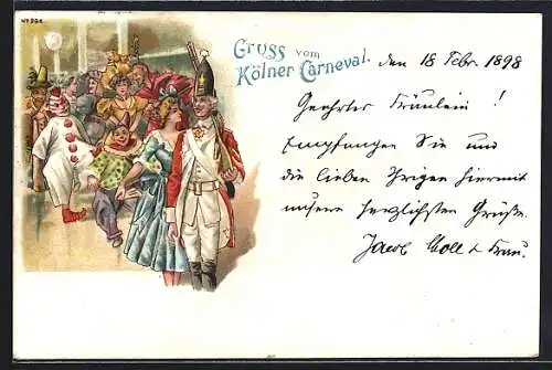 Lithographie Köln, Frau versucht mit einem Funken-Infanteristen zu turteln, Karneval