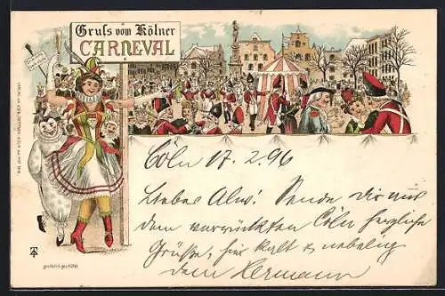 Lithographie Köln, Szenen vom Karneval mit Funken-Infanteristen