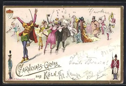 Lithographie Köln, verkleidete, feiernde Menschen zum Karneval