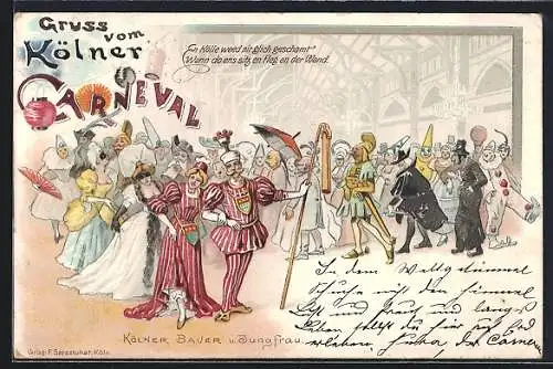 Lithographie Köln, Feier-Szene, Bauer und Jungfrau, Karneval