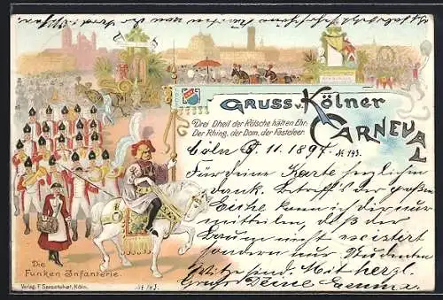 Lithographie Köln, Funken-Infanterie führt dem Umzug an, Karneval