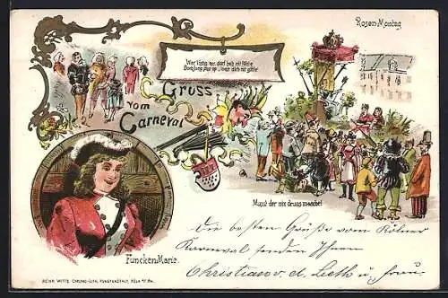 Lithographie Köln, Funken-Mariechen und Umzugs-Szene, Karneval