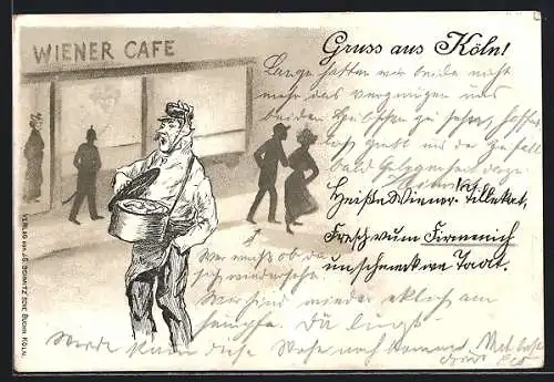 Lithographie Köln, Ein Würstchenverkäufer vor dem Wiener Café