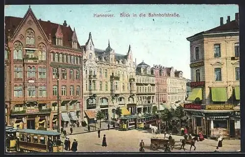 AK Hannover, Bahnhofstrasse mit Cafe Schmidt und Strassenbahn