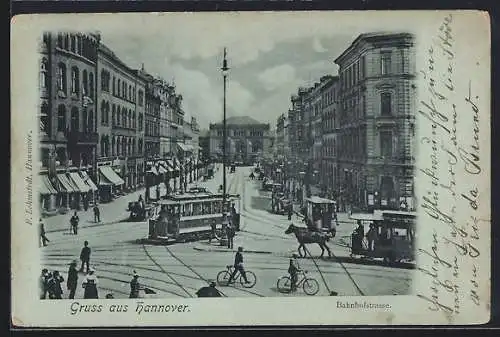 Mondschein-AK Hannover, Bahnhofstrasse, Kreuzung mit Strassenbahn u. Pferdebahn