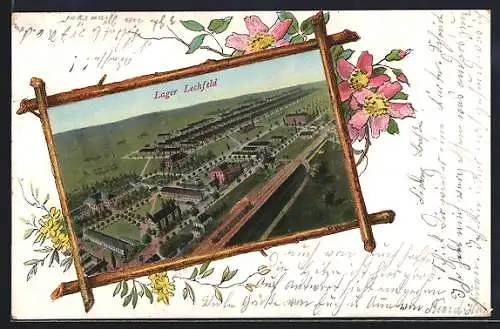 Lithographie Lager Lechfeld, Gesamtansicht aus der Vogelschau, im Rahmen mit Blumen