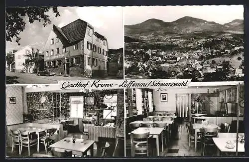 AK Loffenau /Schwarzwald, Gasthof Krone O. Schweikart mit Innenansichten, Gesamtansicht mit Bergpanorama