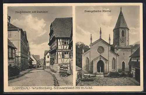 AK Loffenau / Schwarzwald, Hauptstrasse mit Rathaus, Evangelische Kirche