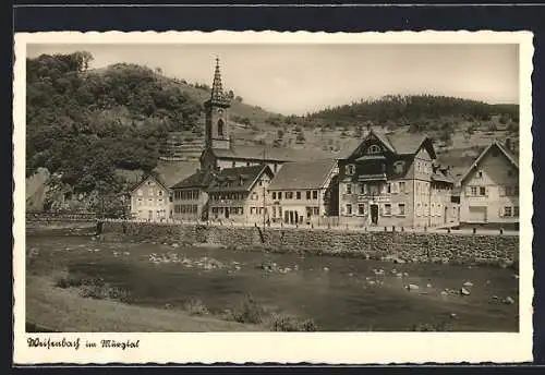 AK Weisenbach /Murgtal, Ortspanorama mit Gasthaus z. Hirsch L. Hürst und Kirche