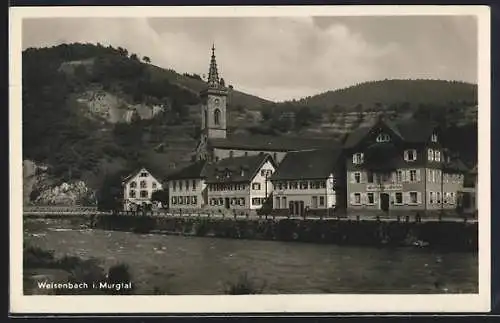 AK Weisenbach /Murgtal, Panorama mit Brücke, Gasthaus zum Hirsch, Strasse und Kirche