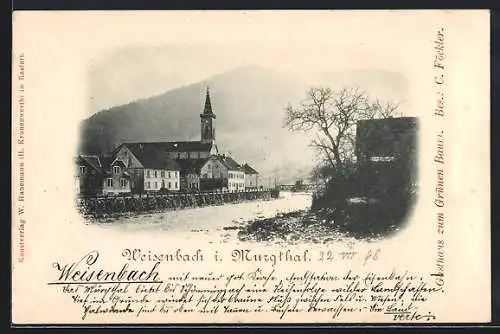 AK Weisenbach /Murgtal, Ortspartie mit Gasthaus zum grünen Baum C. Föckler, Kirche u. Murgbrücke