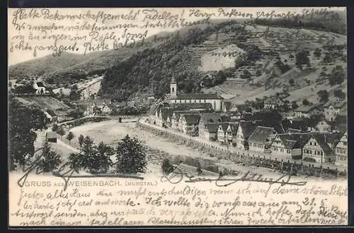 AK Weisenbach /Murgtal, Ortsansicht mit Gasthaus z. grünen Baum, Brücke und Bergen aus der Vogelschau