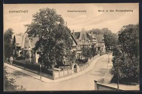 AK Darmstadt, Künstlerkolonie, Blick in den Alexandraweg, Häuser im Jugendstil