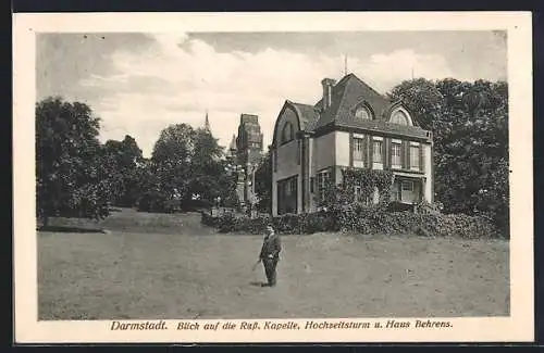 AK Darmstadt, Blick auf die Russ, Kapelle, Hochzeitsturm und Haus Behrens