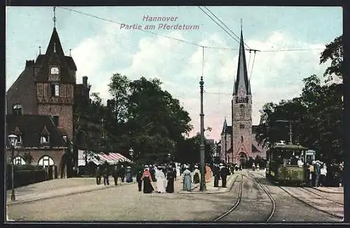 AK Hannover, Partie am Pferdeturm mit Strassenbahn