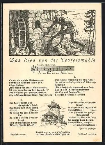 Künstler-AK Loffenau, Aussichtsturm und Gasthaus Teufelsmühle, der Teufel an einer Wassermühle, Liedtext