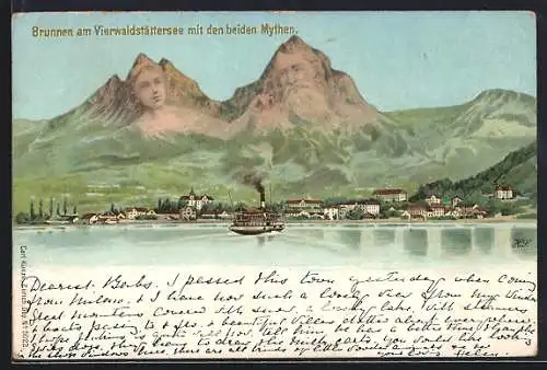 Lithographie Berggesichter, Brunnen am Vierwaldstättersee mit den beiden Mythen