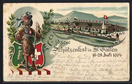 Lithographie St. Gallen, Schützenfest 1904, Schweizer in Tracht und mit Gewehr