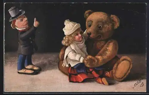 AK Steiff-Teddybär mit Steiff-Puppen