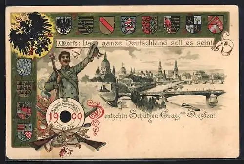 Lithographie Dresden, Ortsansicht aus der Vogelschau, XIII. Deutsches Bundesschiessen 1900