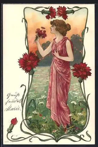 Künstler-AK Dame riecht an roten Blumen, Jugendstil