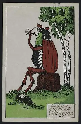 Künstler-AK Fröhliche Pfingsten, Maikäfer betrinkt sich