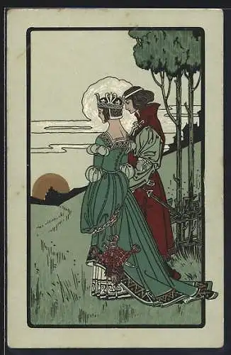 Künstler-AK Königspaar beobachtet den Sonnenuntergang, Jugendstil