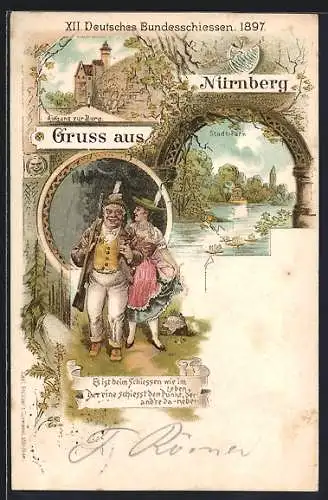 Lithographie Nürnberg, XII. deutsches Bundesschiessen 1897, Aufgang zur Burg, Stadtpark