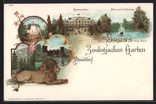 Lithographie Düsseldorf, Zoologischer Garten, Männlicher Löwe, Vogelhaus, Kamel- und Elefantenhaus, Restaurant, Ruine