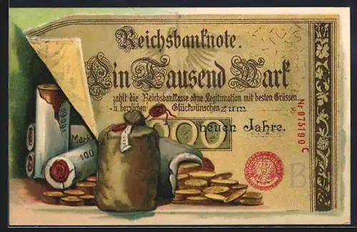 AK Geldmünzen und eine Reichsbanknote Ein Tausend Mark