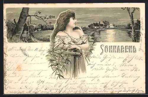 Künstler-Lithographie H. Fründt: Allegorie Sonnabend, Frauenporträt, Flusspartie, Jugendstil