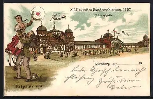 Lithographie Nürnberg, XII. Bundesschiessen 1897, Schiesshalle, Mann hebt Frau glücklich hoch