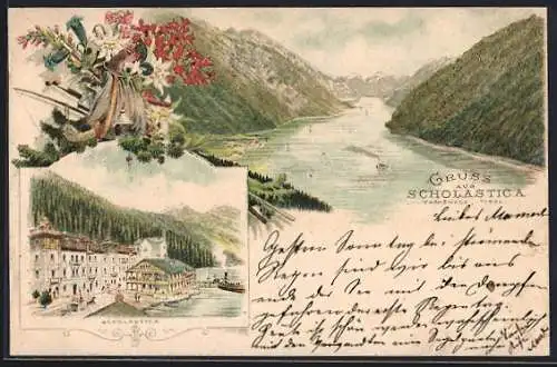 Vorläufer-Lithographie Achenkirch, Scholastica am Achensee, 1893, Hotel mit Anleger, Bergpanorama mit Wanderausrüstung