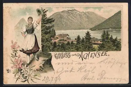 Vorläufer-Lithographie Achensee, 1894, Panoramablick auf den Achensee, Frau in Tracht grüsst mit ihrem Hut