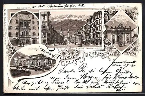 Vorläufer-Lithographie Innsbruck, 1895, Gasthaus Goldenes Dachl, Maria Theresienstrasse, Triumphbogen