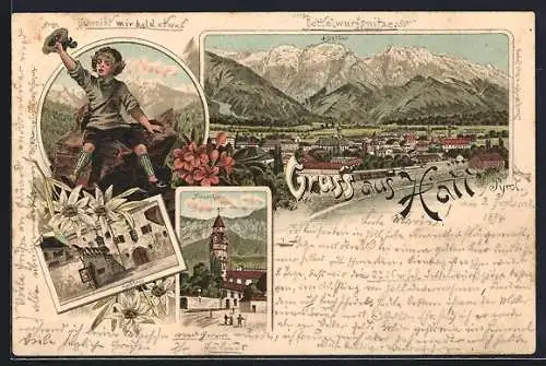 Vorläufer-Lithographie Hall /Tyrol, 1894, Rathaus, Münzerthurm und Ortspanorama