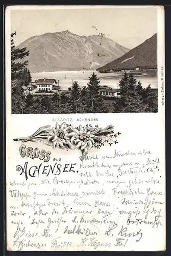 Vorläufer-Lithographie Maurach /Achensee, 1894, Seespitz mit Bergpanorama, Passepartout mit Edelweiss