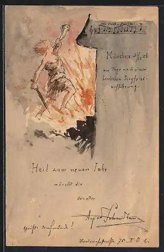 Künstler-AK Handgemalt sign. Arpad Schmidhammer: Siegfried bläst in ein Horn, gemalt nach einer Siegfried-Aufführung